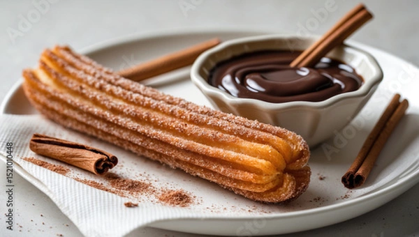 Fototapeta A churro with chocolate dipping sauce and cinnamon sugar