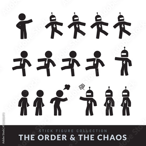 Fototapeta The Rule of AI Robots and Humans. Various pose of Stick Figure. Vector Illustration