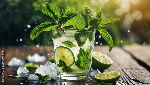 Fototapeta A refreshing mojito with mint leaves and lime
