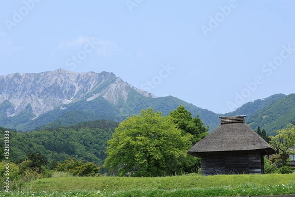 Fototapeta 日本の古い建築物と大きな山が見える景色（大山）