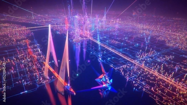 Fototapeta Abstract neon city with floating objects