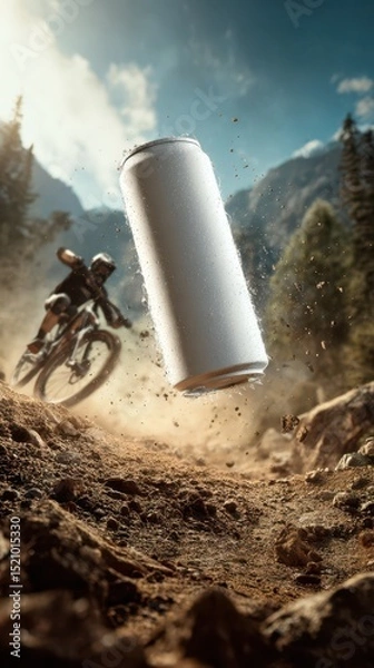 Obraz Blank soda can mockup in mid-air with dirt and water splashing around with extreme sport mountain bike trail background for energy drinks commercial