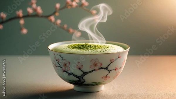 Fototapeta A steaming matcha latte in a Japanese tea bowl
