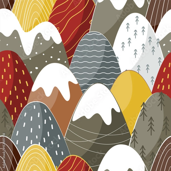 Fototapeta Seamless pattern with fairy hand drawn mountains landscape. Vector background in Scandinavian style