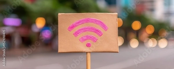 Fototapeta WiFi sign on a stick with blurred city lights in the background.