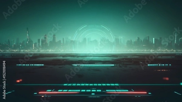 Fototapeta Futuristic cityscape with digital portal