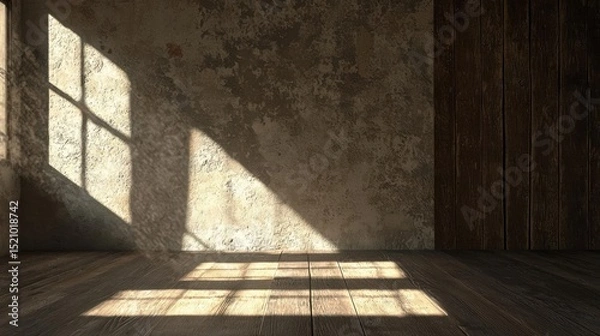 Obraz Empty room with a wooden floor and a concrete wall. the wall is old and weathered, with peeling paint and cracks.