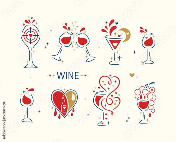 Fototapeta Wine Lover – Romantic Vector Set of Wine Glasses with Hearts, Shining Stars, Wine Splashes
