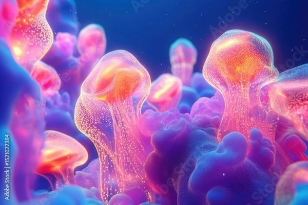 Fototapeta Luminous jellyfish-like forms float in a vibrant, abstract underwater scene.