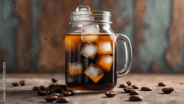 Fototapeta A cold brew coffee with ice cubes in a mason jar