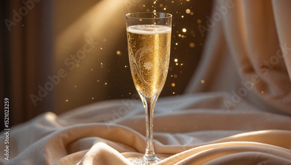 Fototapeta A champagne flute with bubbles and golden liquid