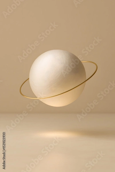 Fototapeta Floating Silk Sphere Wallpaper, Soft Glow and Gold Ring on Neutral Minimalist Background