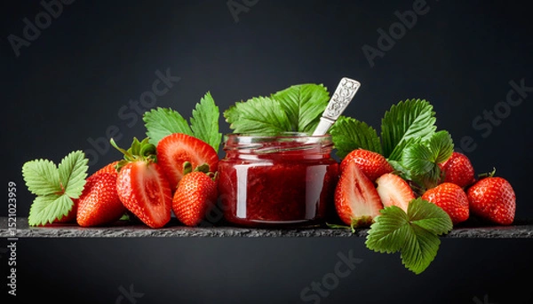 Obraz Strawberry jam and fresh berries on a black background.