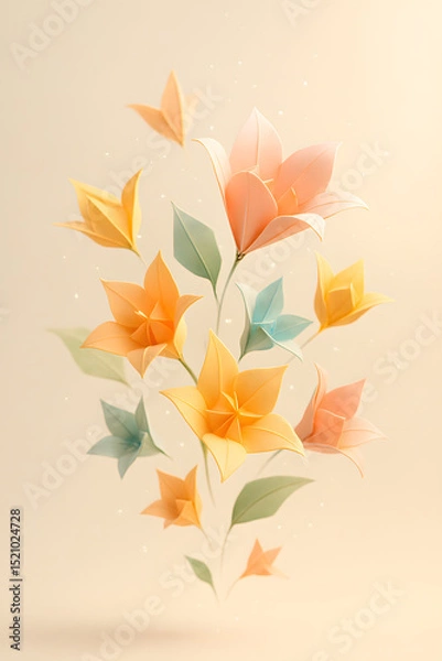 Fototapeta Colorful Origami Flower Burst Wallpaper, Floating Paper Blossoms in Soft Pastel with Ambient Glow, Minimalist Surreal Art in Cream Tones