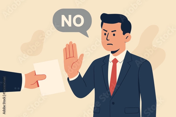Fototapeta Businessman firmly rejecting document with stop hand gesture. Corporate professional saying no, refusal concept. Business disagreement, declining offer, negative response, conflict illustration.