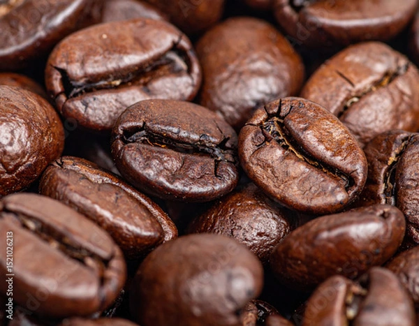 Obraz Closeup reveals intricate details of coffee beans, showcasing their dark brown skins and rich textures, evoking warmth