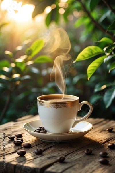 Fototapeta Steaming Cup of Coffee on Rustic Table in Morning Garden Light
