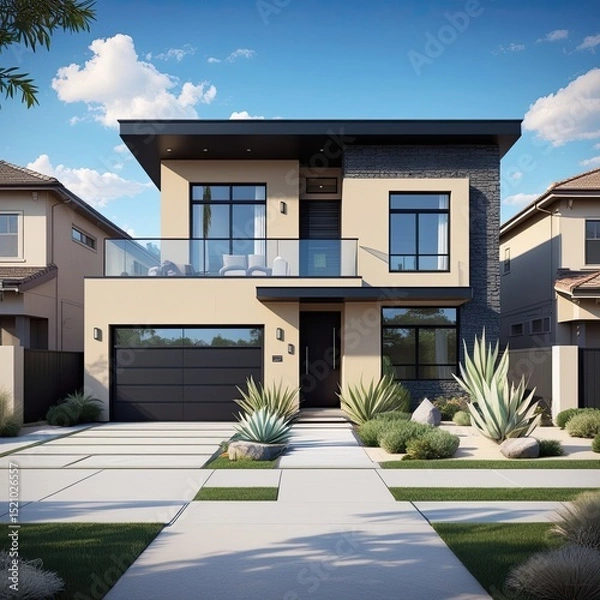 Fototapeta Modern Two-Story Home with Minimalist Landscaping – Contemporary Architecture in Suburban Setting