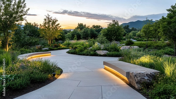 Fototapeta Serene garden path illuminated by soft lights, surrounded by lush greenery and rocks, pastel sky