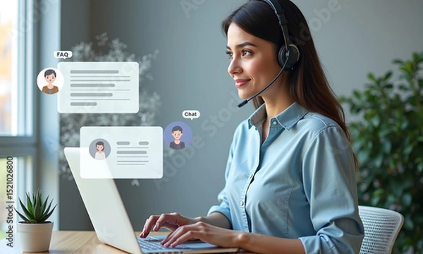 Fototapeta A support agent wears a headset and efficiently responds to client inquiries displayed on a digital interface in a modern workspace.