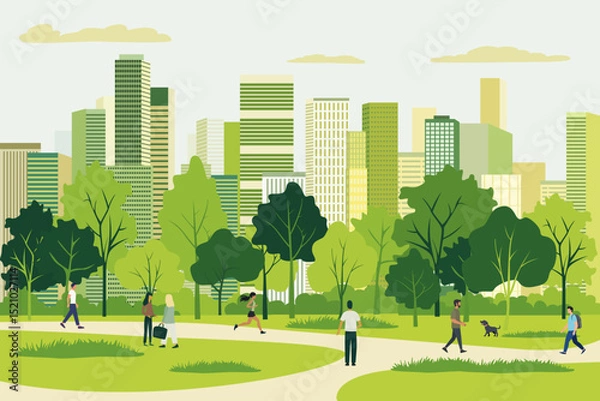 Fototapeta City park against the background of skyscrapers and buildings of a modern city. People are relaxing in the park. Busy park in the city center. Vector illustration of city recreation in the park.