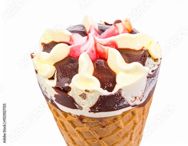 Obraz Delightful ice cream cone topped with rich chocolate and vibrant strawberry swirls, perfect treat for any occasion