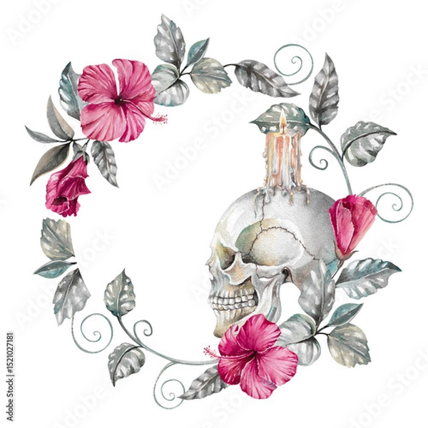 Obraz Hibiscus dark pink floral wreath, gray silver leaves and branches, human skull with burning candle on top hand drawn watercolor illustration isolated on white. Round frame for gloomy, gothic designs