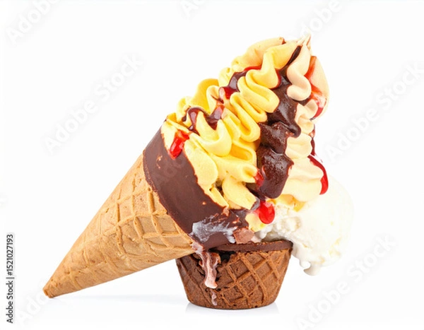 Obraz Delightful ice cream cone topped with swirls of vanilla and chocolate, drizzled with syrup, and served in crispy cone