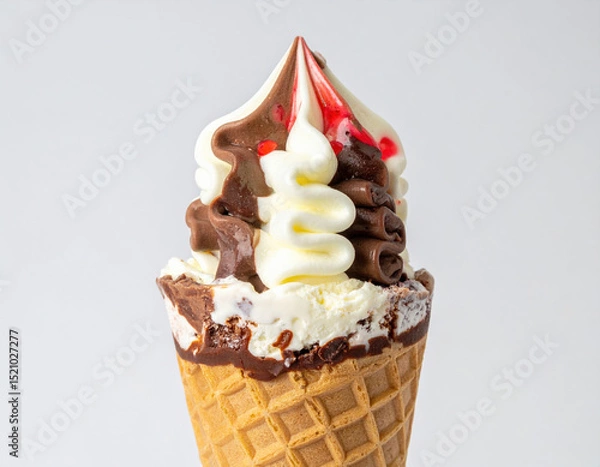 Obraz Delightful ice cream cone topped with swirls of chocolate and vanilla, drizzled with red syrup, perfect for sweet treat