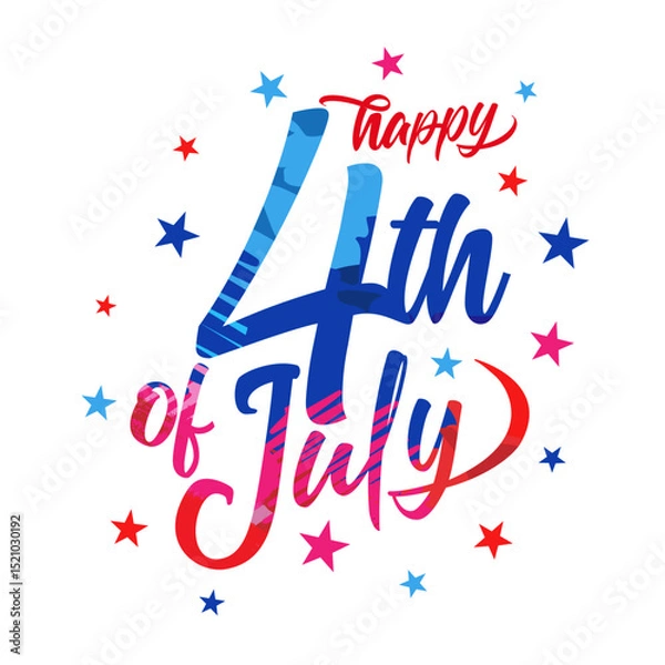 Fototapeta Happy 4th of July greeting card with colorful brush stroke lettering. Fourth of July typography, Independence Day USA creative banner template. Vector illustration