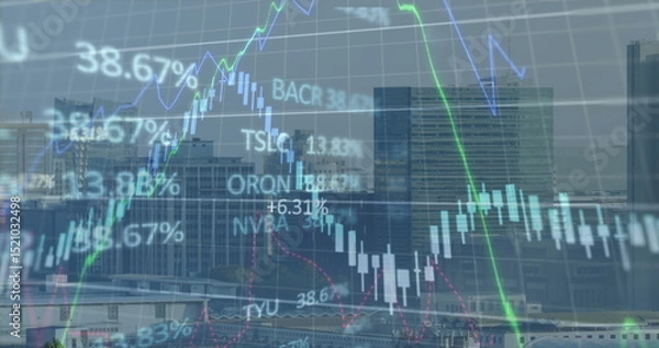 Fototapeta Image of financial data and graphs over cityscape