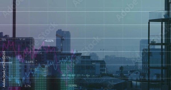 Fototapeta Image of financial graph and data processing over cityscape