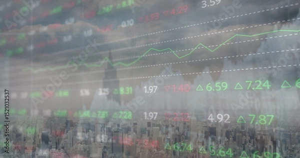 Fototapeta Image of financial graph and data processing over cityscape