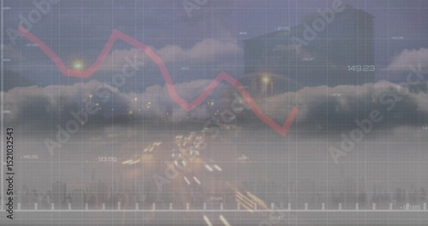 Fototapeta Image of financial data and graphs over cityscape