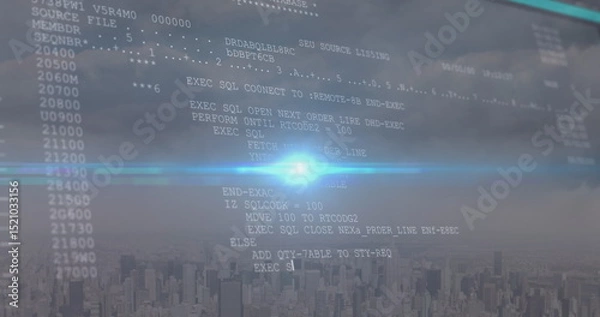 Fototapeta Image of data processing over cityscape