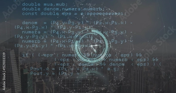 Fototapeta Image of clock, globe and data processing over cityscape