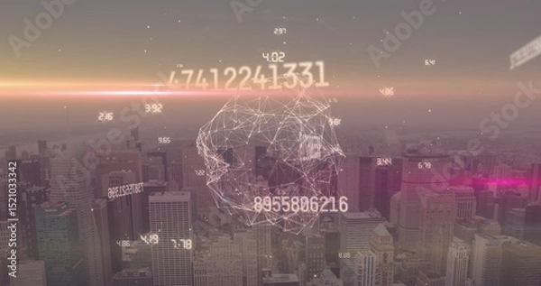 Fototapeta Image of numbers, globe and connections over cityscape