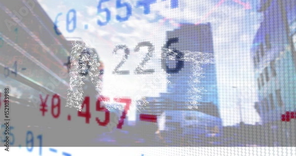 Fototapeta Image of data processing over cityscape