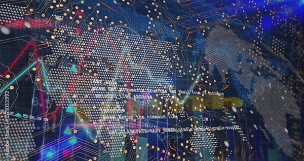 Obraz Image of purple fireworks over interface with green digital tunnel