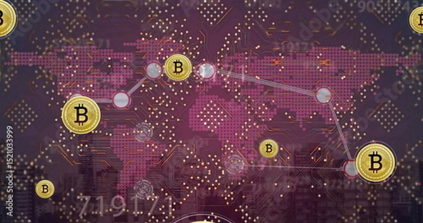 Fototapeta Image of data processing and bitcoins over cityscape