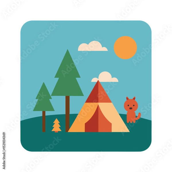 Obraz Camping Card with Tent Lantern and Forest Scene