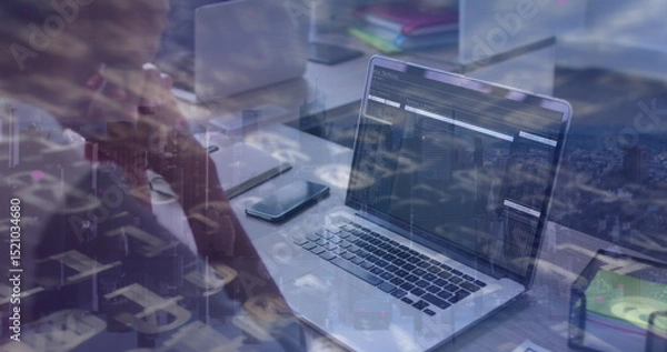 Fototapeta Image of data processing over african american businesswoman using laptop