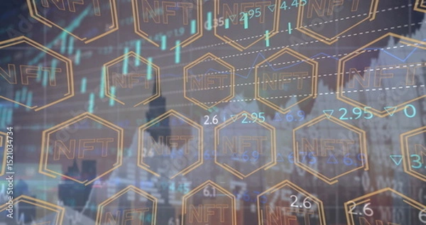 Fototapeta Image of graphs and hexagons over cityscape