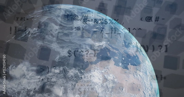 Fototapeta Image of globe and data processing over digital cityscape