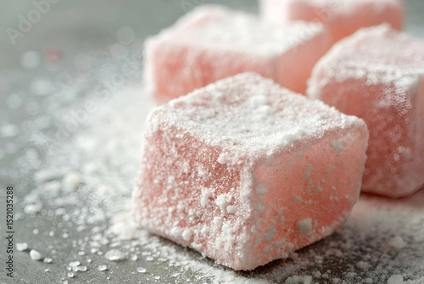 Fototapeta Close-Up View of Soft Pink Sugar Cubes Dusting Sugar Powder on Metallic Background for Culinary and Sweet Treats Imagery