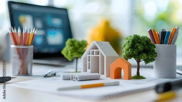 Fototapeta Architectural design workspace with conceptual models and drafting tools