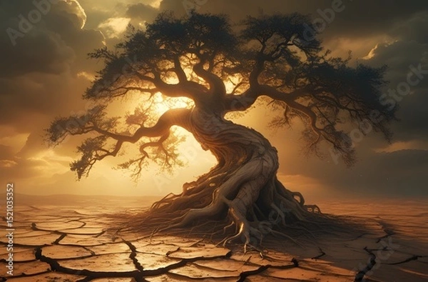 Fototapeta Resilient Tree in Drought-Stricken Land at Sunset – Concept of Hope and Renewal