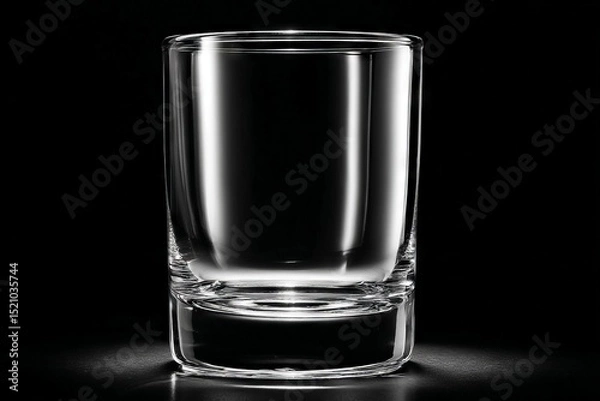 Fototapeta Clear glass shot glass displayed against a black background with soft lighting highlighting its shape and design