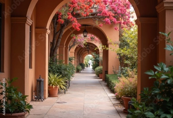Fototapeta A serene garden pathway lined with vibrant flowers and arches