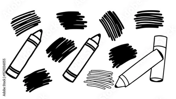 Fototapeta Vector illustration of crayons and scribble marks in black and white. Hand-drawn style with various crayon strokes and textures, perfect for school-themed designs, educational materials, or art projec